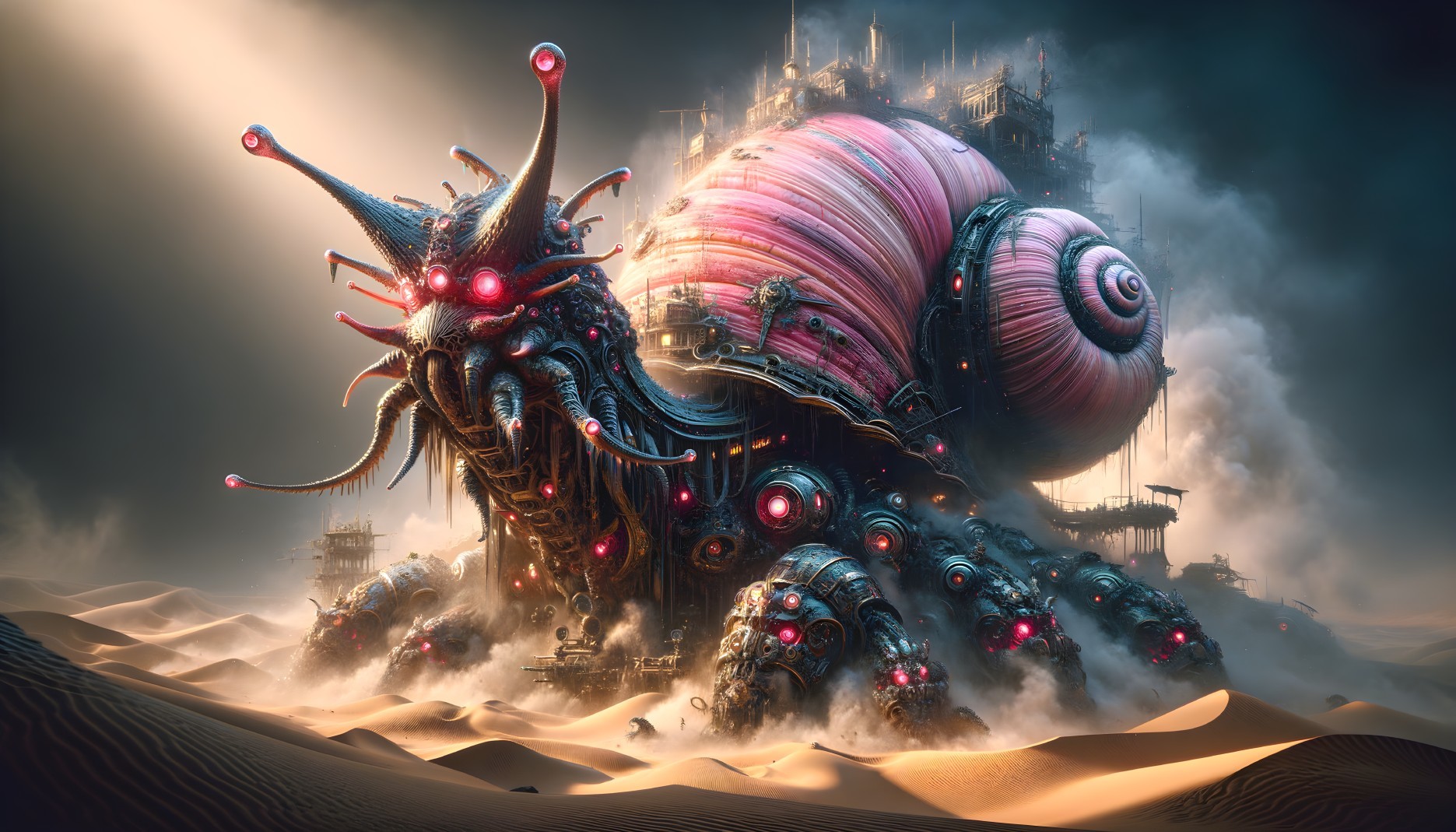 Colossal Snail in a Surreal Desert Landscape