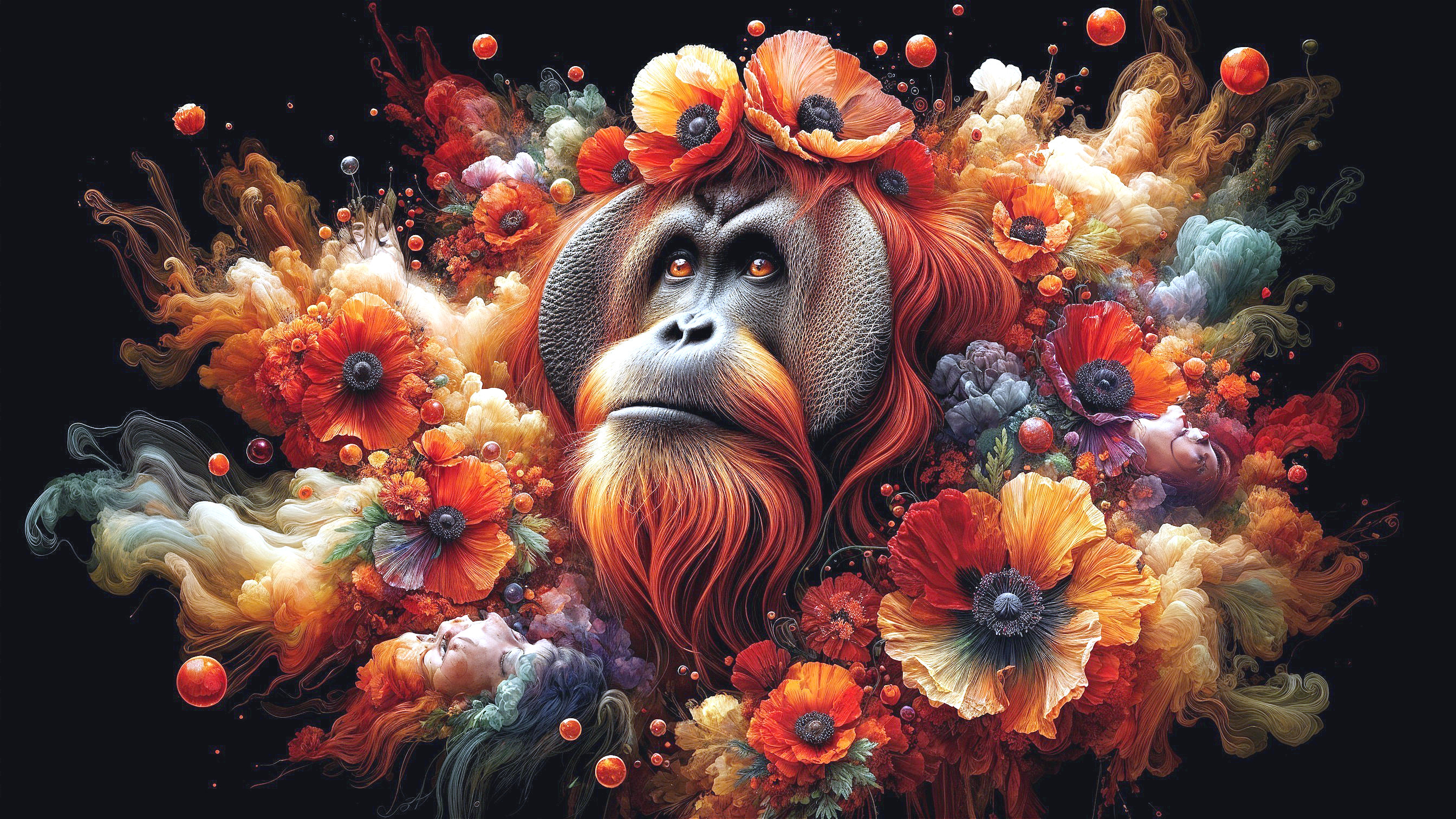 Orangutan Surrounded by Colorful Flowers and Patterns