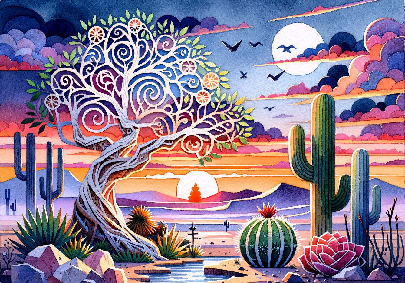 Vibrant Desert Landscape with Stylized Tree and Sunset