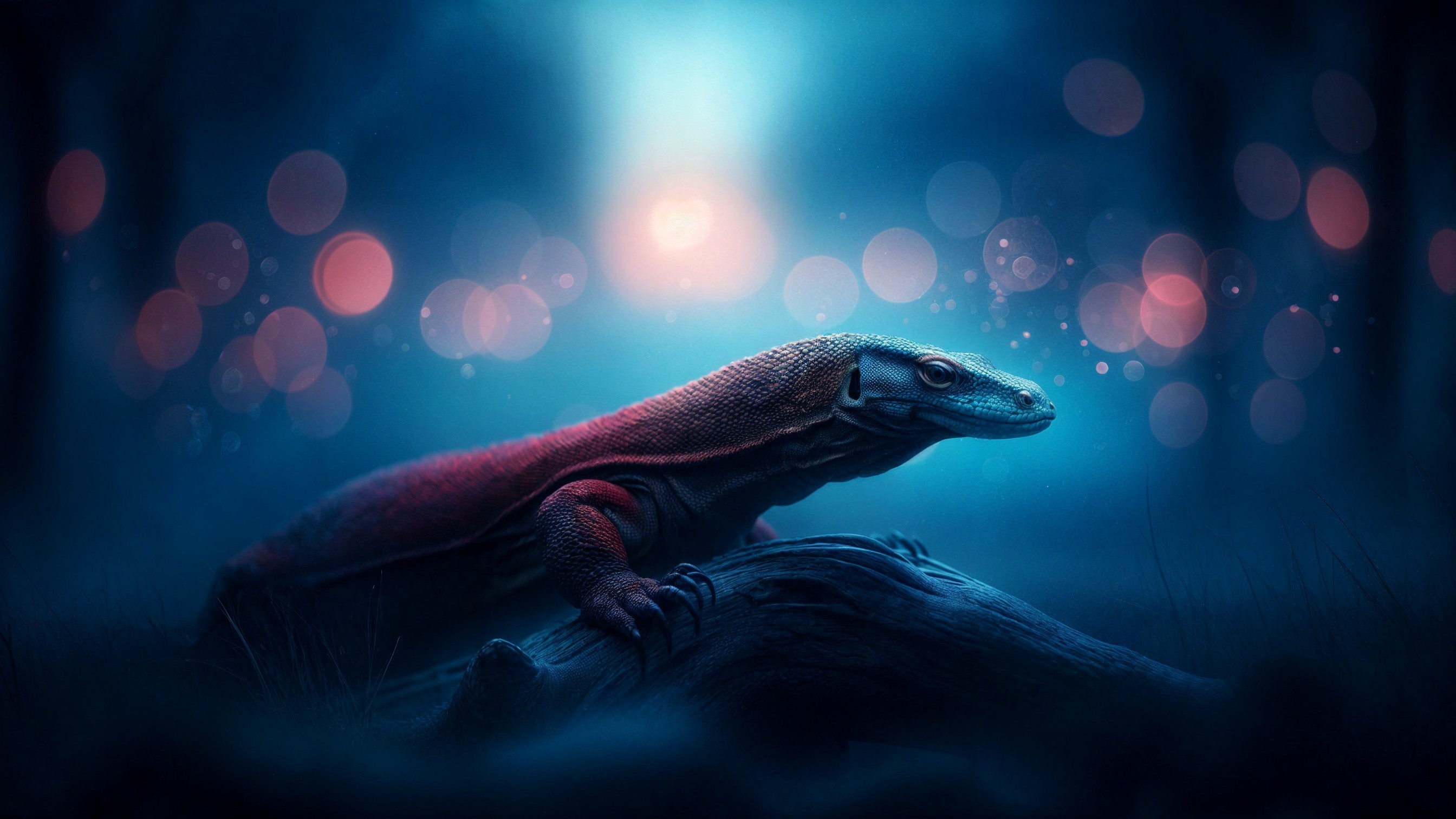 Vibrant Lizard on Mossy Log with Dreamlike Background