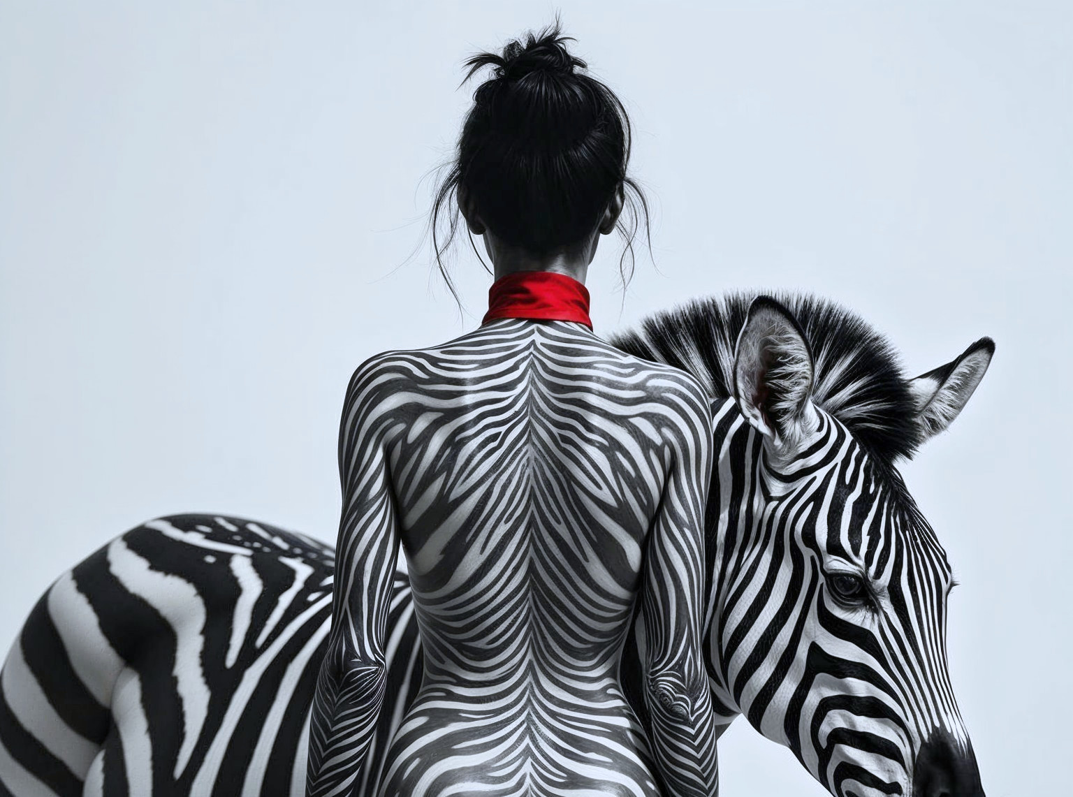 Woman with Zebra Stripes and Vibrant Red Collar