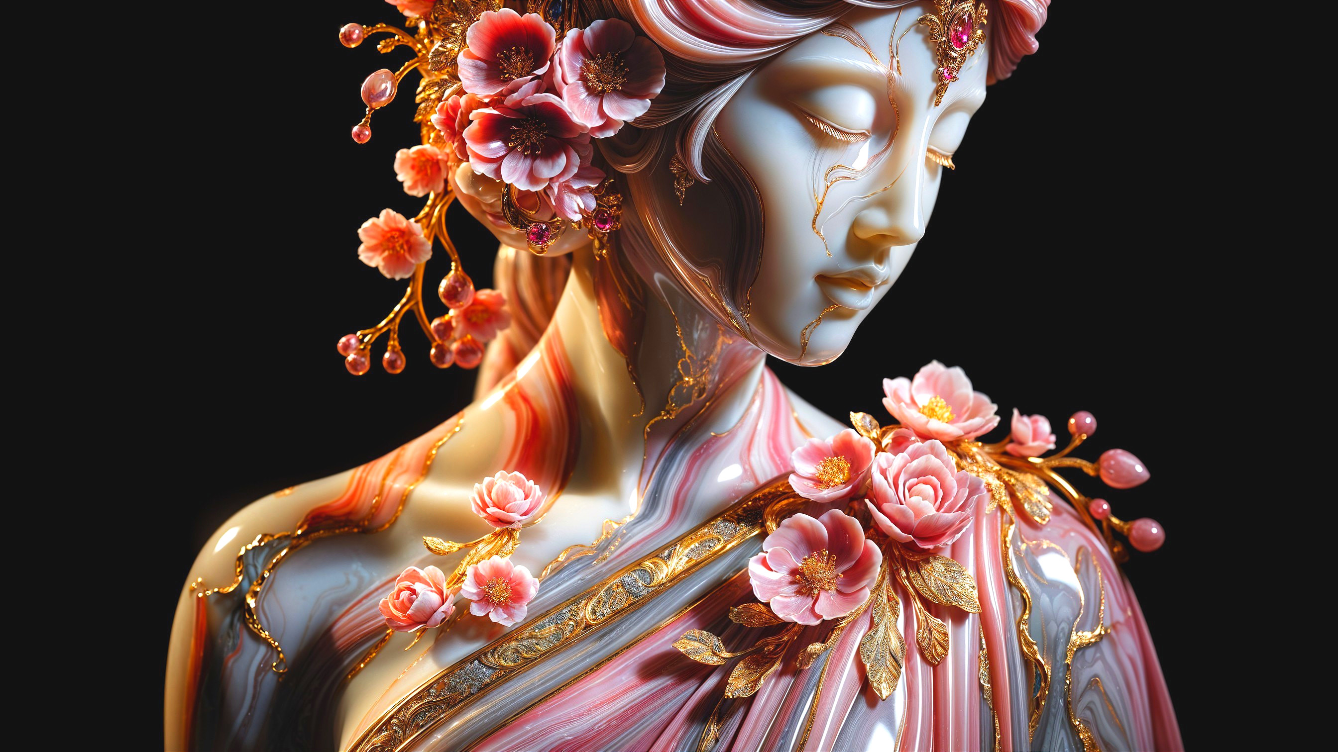 Intricately Designed Floral Adorned Woman Statue