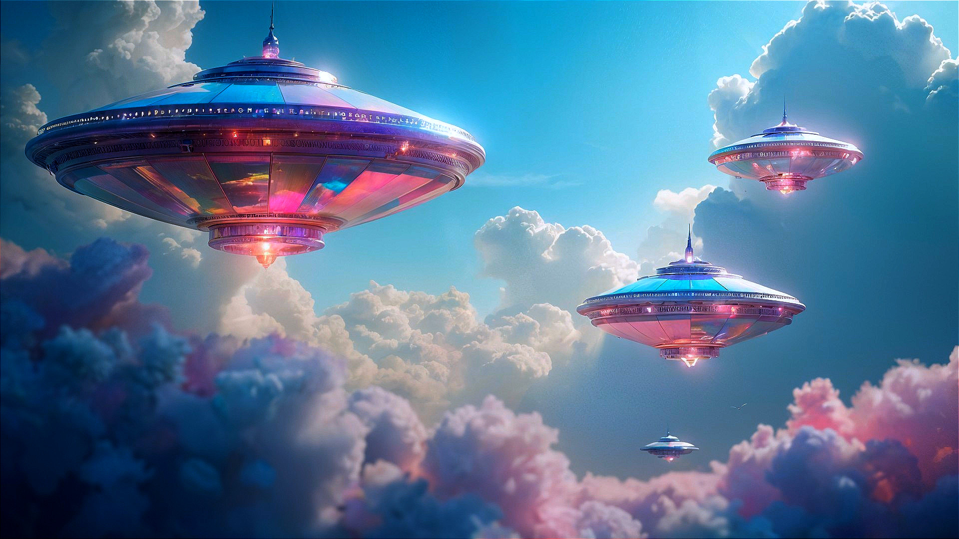 Futuristic Flying Saucers in Vibrant Cloud Scene