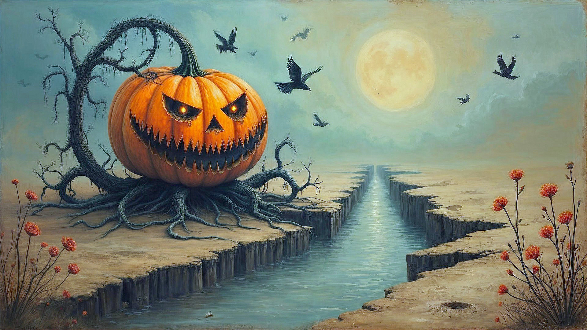 Giant Pumpkin in a Desolate Halloween Landscape