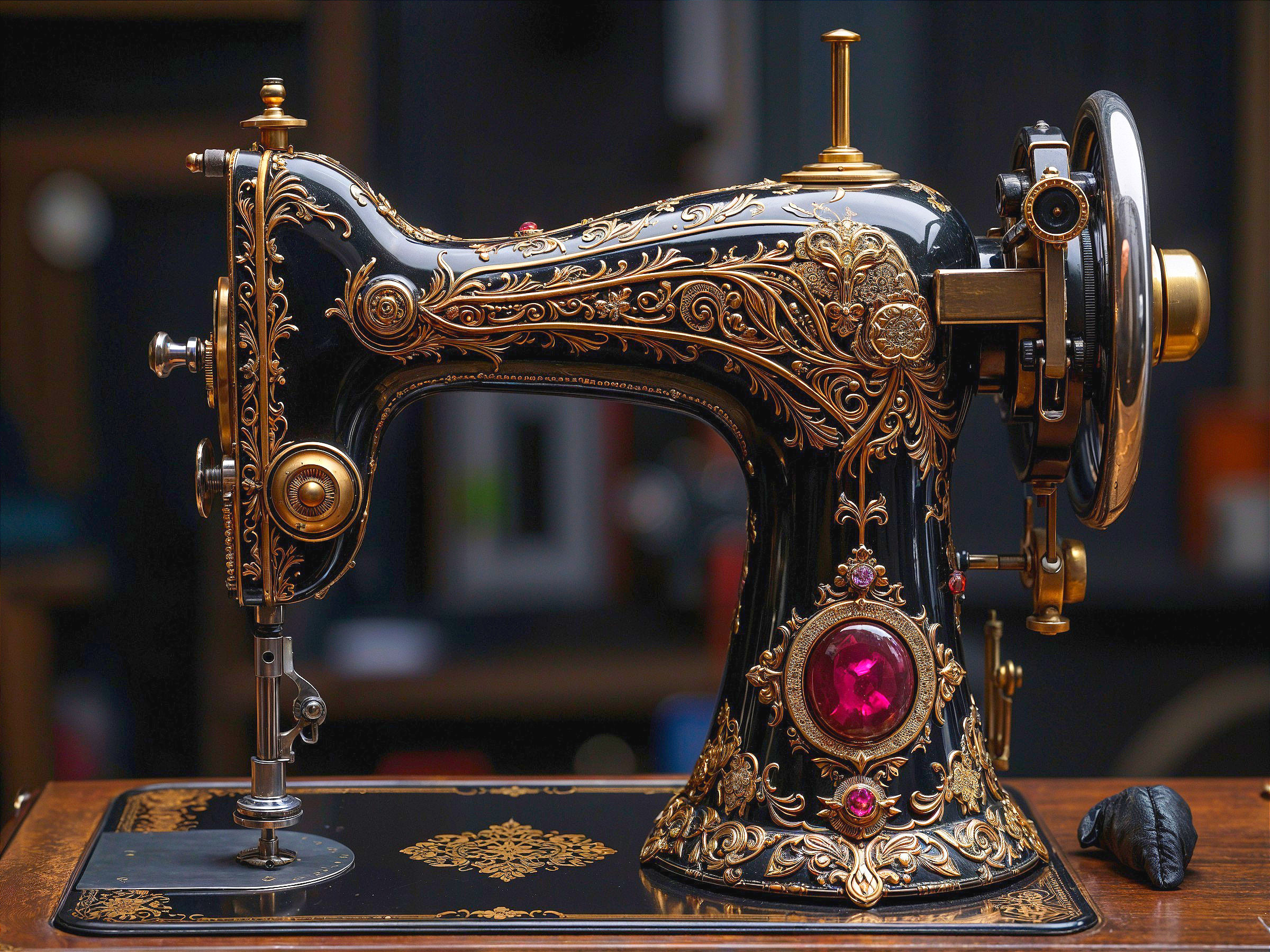 Vintage Sewing Machine with Ornate Black Enamel Design