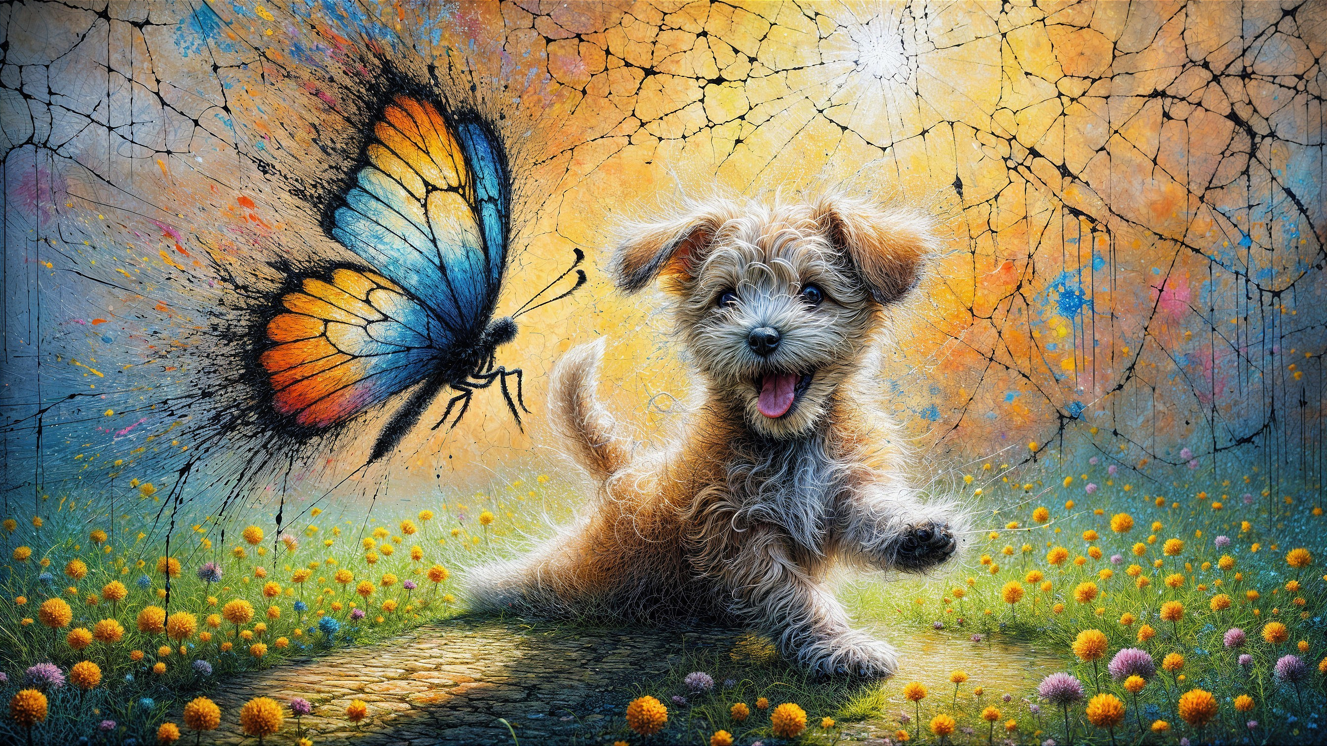 Puppy Playing in a Flower Field with Butterfly