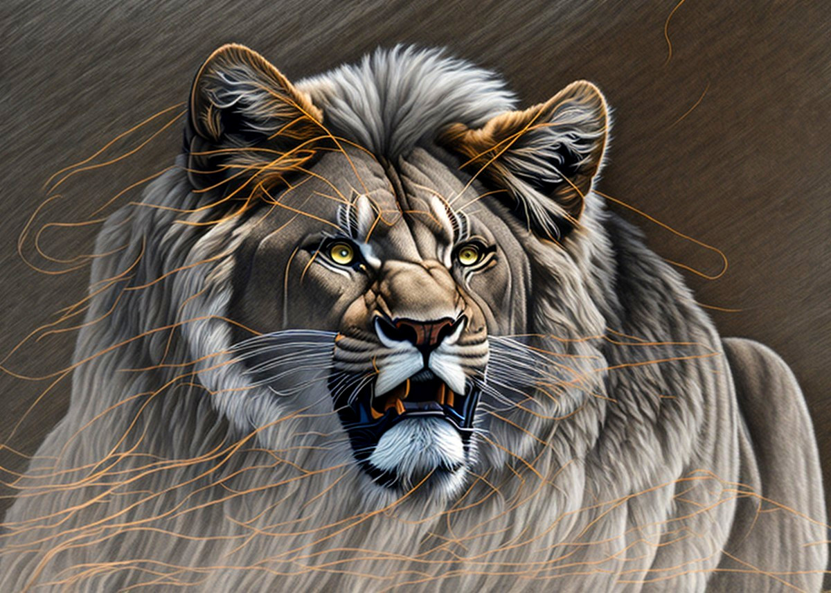 Realistic Lion Illustration with Flowing Mane on Gray Textured Background