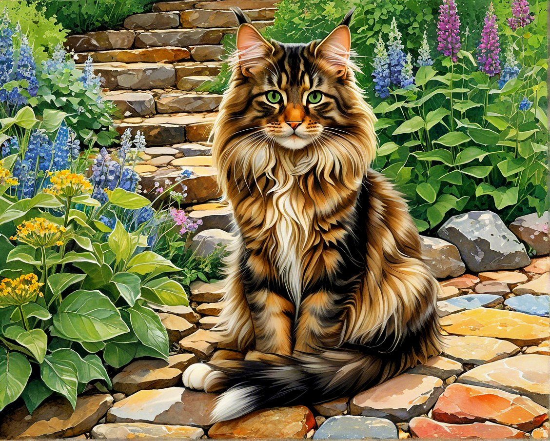 Maine Coon Cat in a Colorful Garden Setting
