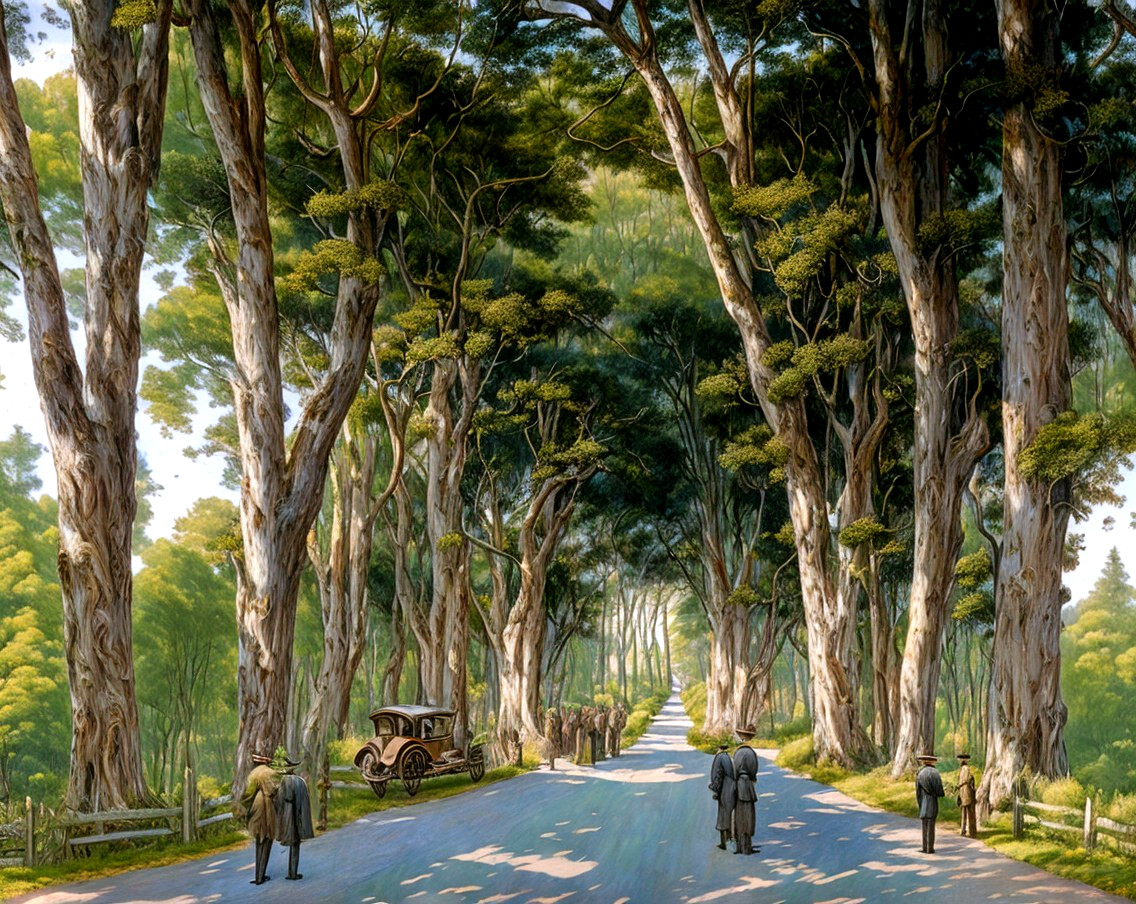 Sunlit Avenue with Eucalyptus Trees and Antique Car