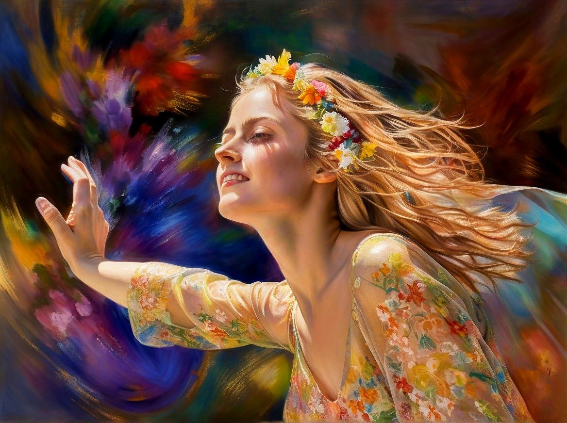 Radiant Young Woman in Floral Crown and Dress
