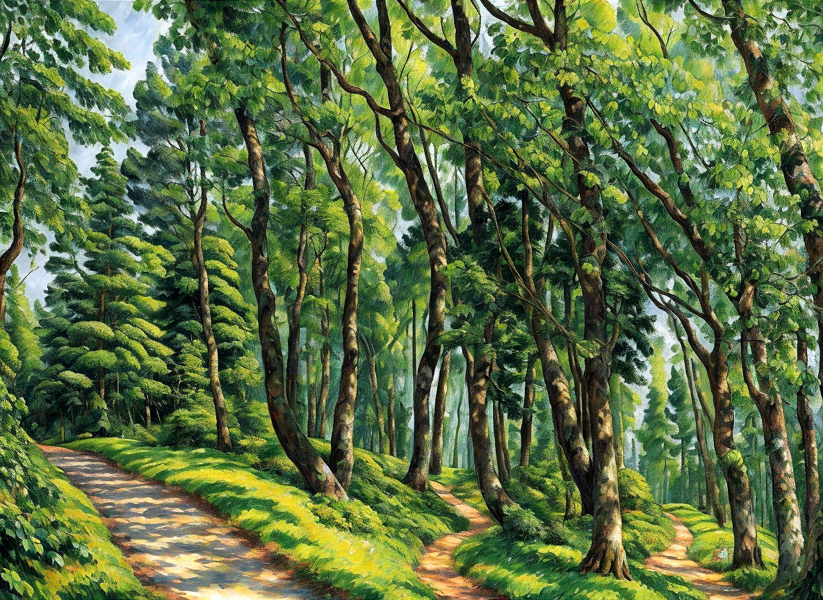 Vibrant Forest Scene with Lush Trees and Blue Sky