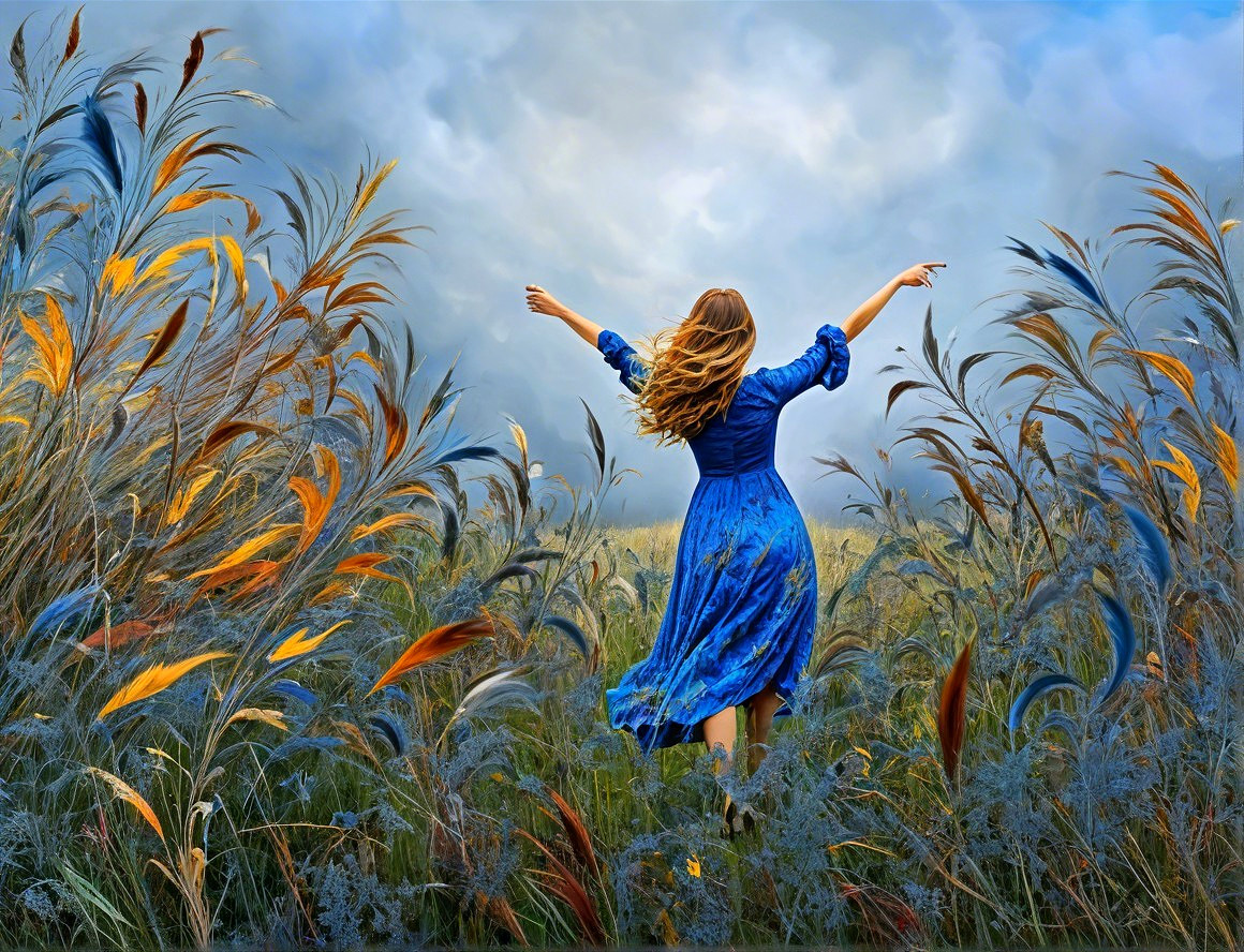Woman in blue dress dancing in colorful grasses