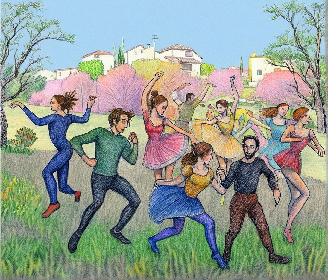 Dancers in Colorful Costumes Amidst Blooming Trees