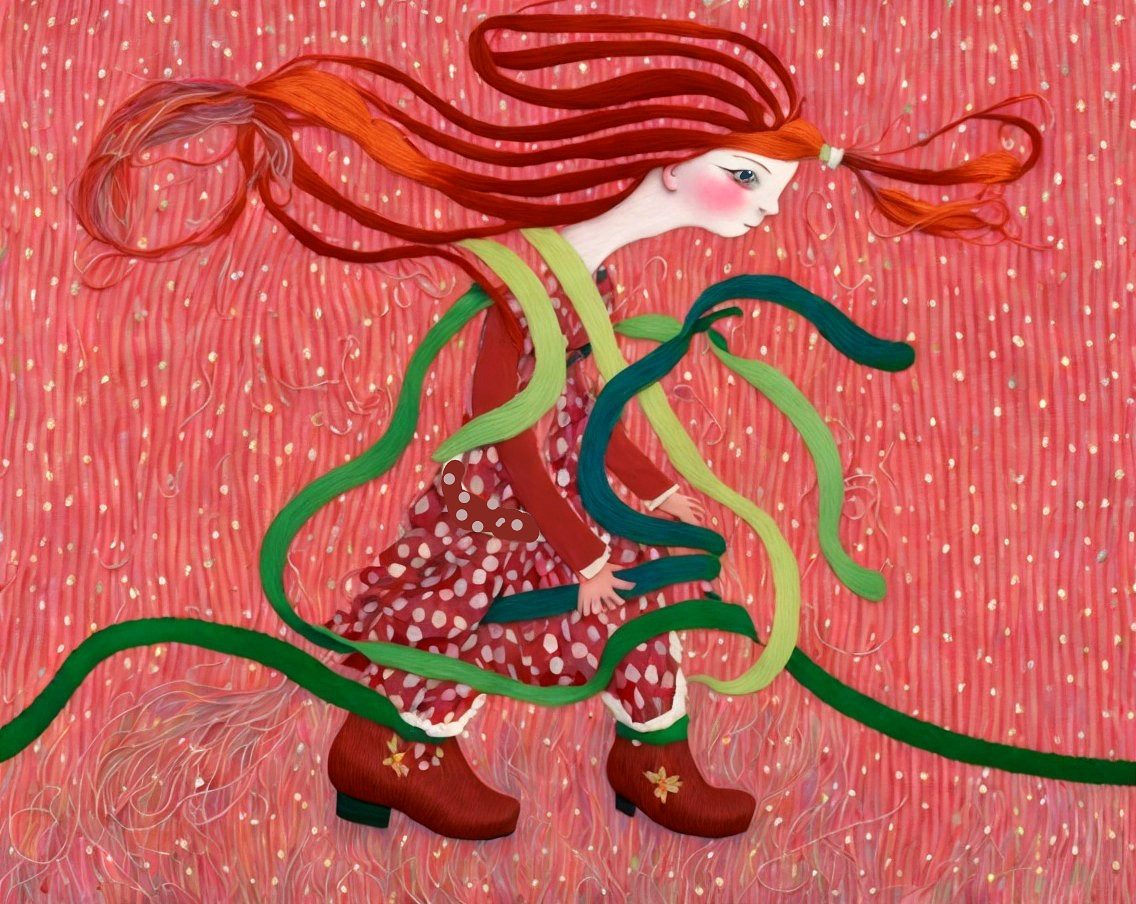 Whimsical illustration of a girl with red hair and ribbons