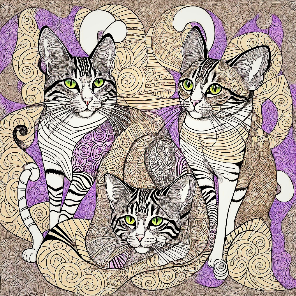 Stylized Cats with Intricate Patterns and Decorative Background