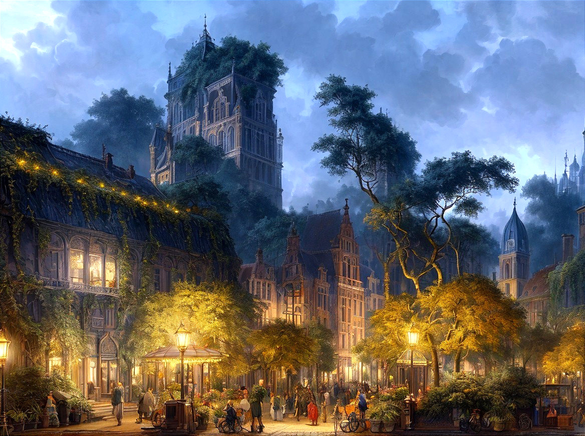 Charming Twilight Cityscape with Lush Greenery