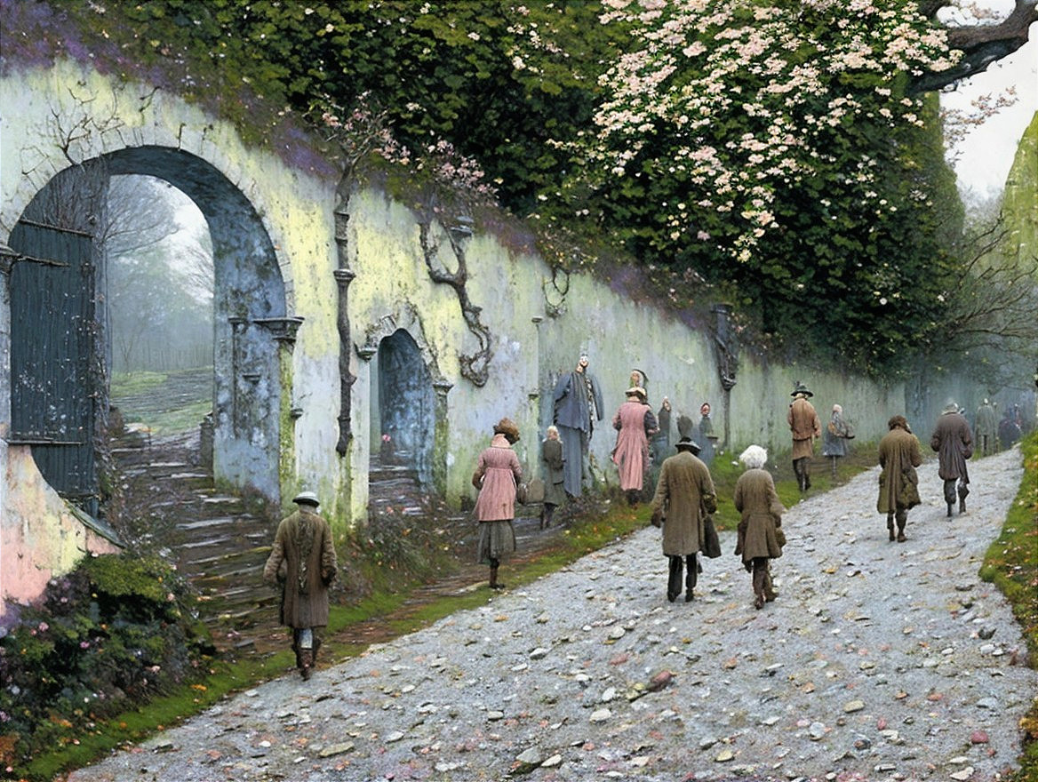 Wooded Pathway in Tranquil Landscape with Vintage Figures