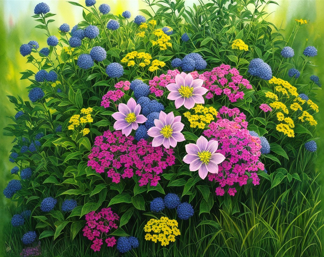 Colorful floral arrangement with blue, pink, and yellow blossoms and lush green foliage