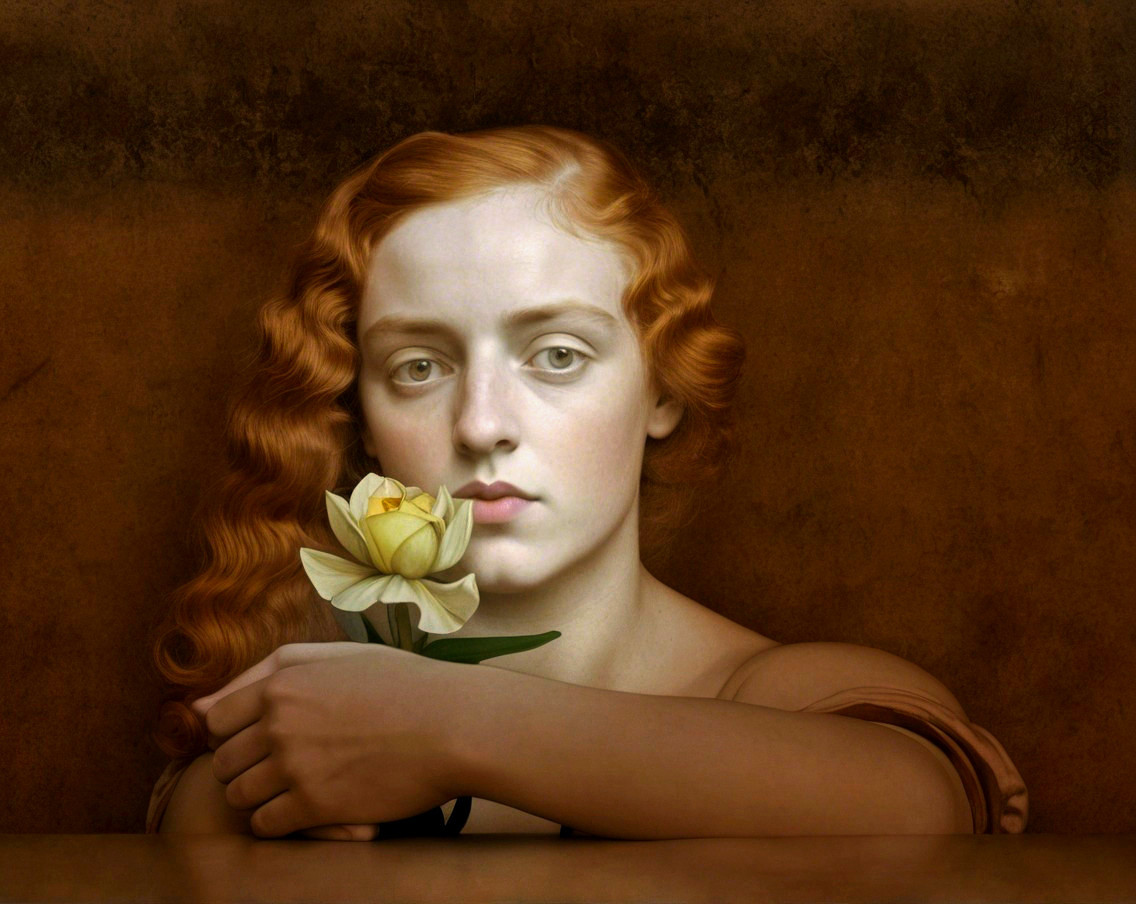 Portrait of a Young Woman with Red Curls and Flower