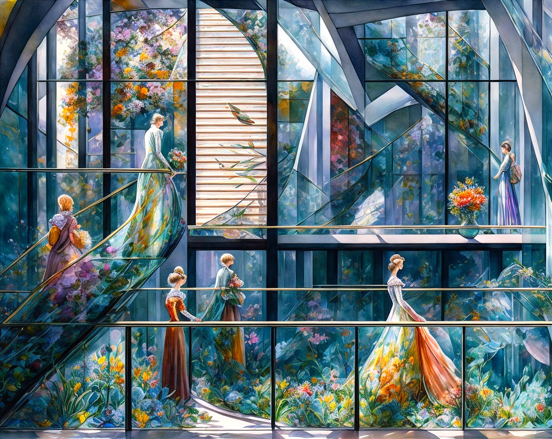 Surreal Scene of Elegantly Dressed Figures in Glass Structure