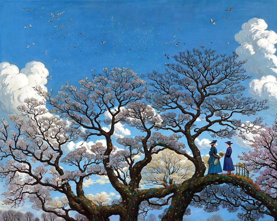 Elegant Figures on Gnarled Tree Branch in Blooming Landscape