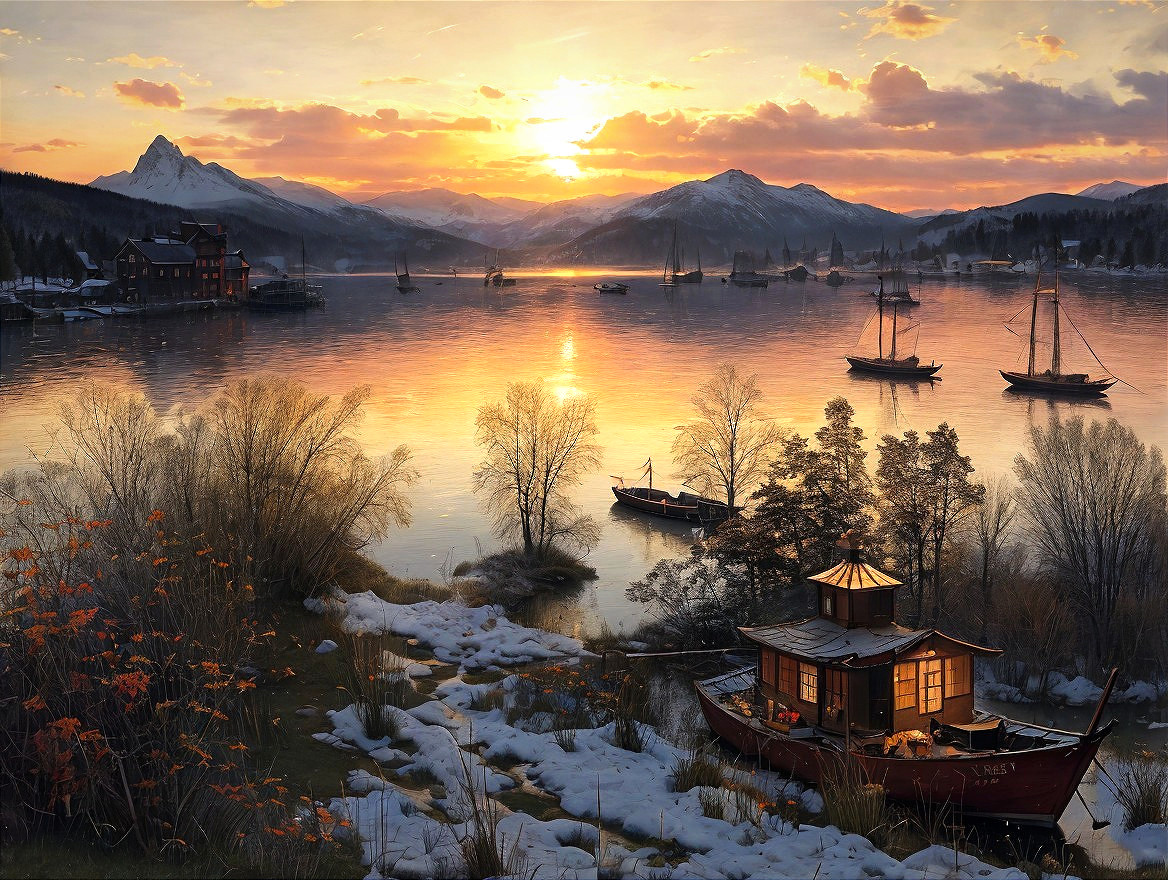 Serene Lakeside Sunset with Mountains and Boats
