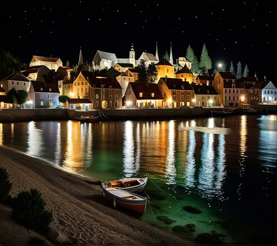 Picturesque Night Scene of a Coastal European Town