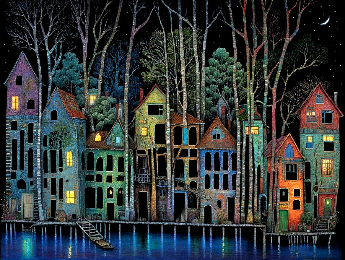 Colorful Houses in a Whimsical Nighttime Scene