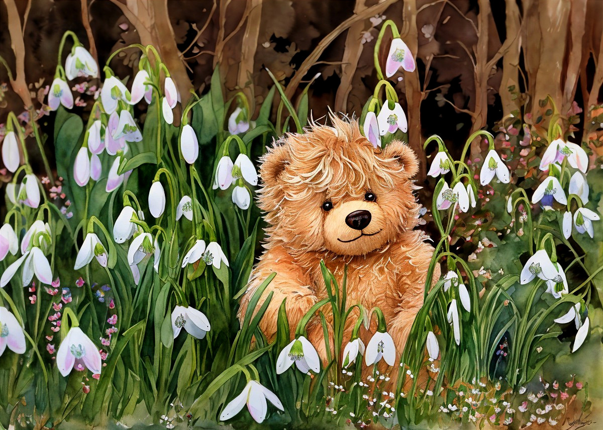 Plush Teddy Bear Surrounded by Snowdrop Flowers