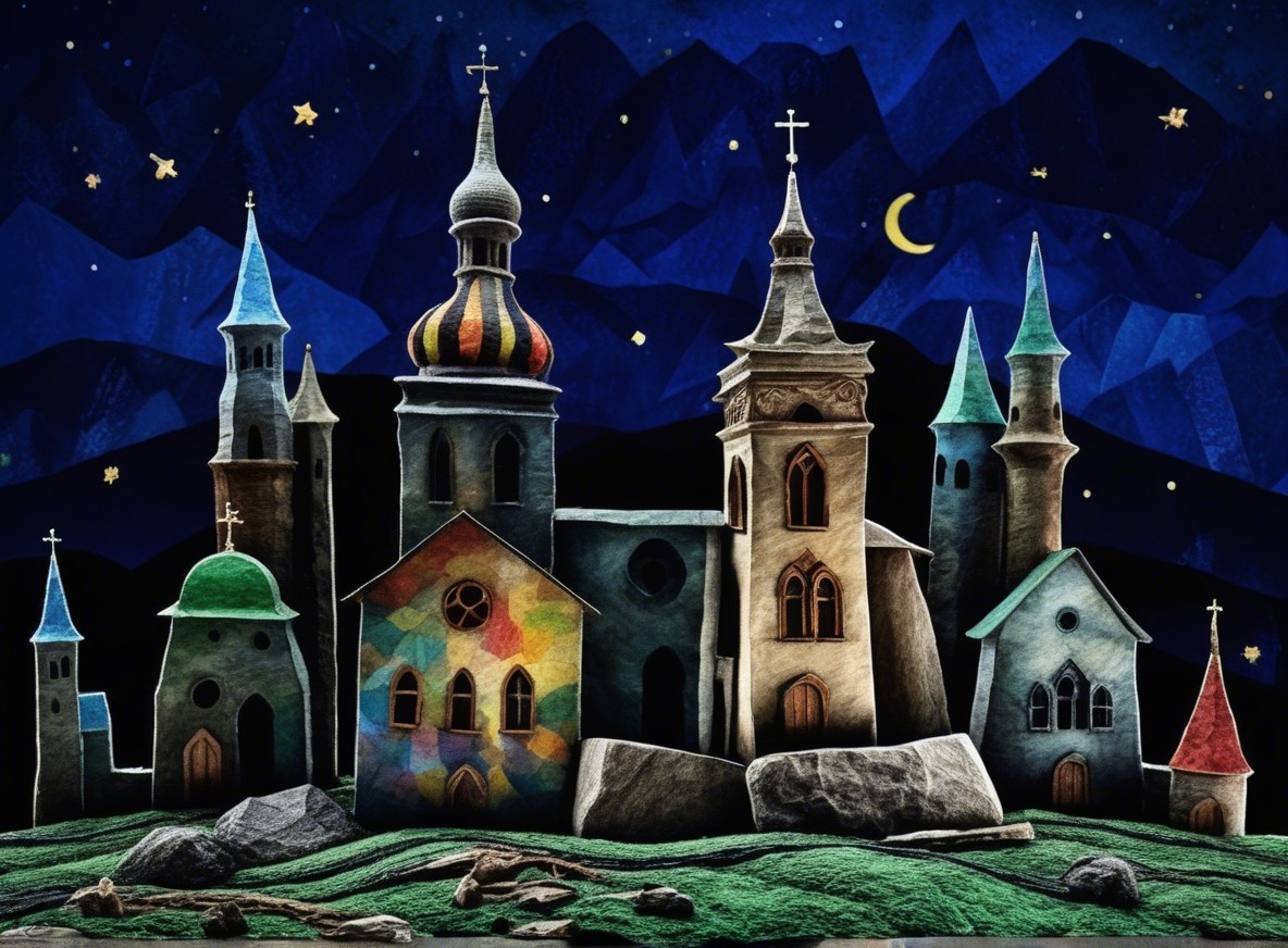 Colorful Night Village with Church Towers and Hills