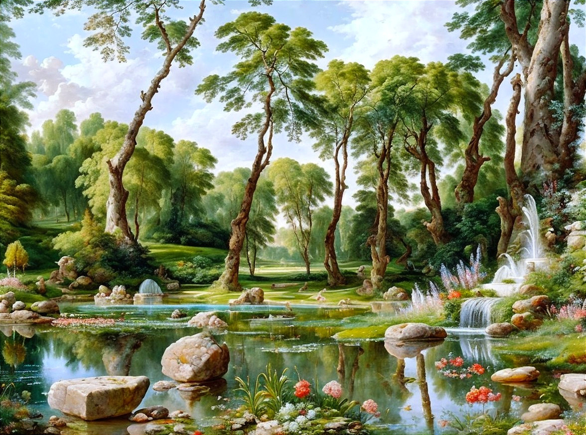 Tranquil lake in lush landscape with waterfalls