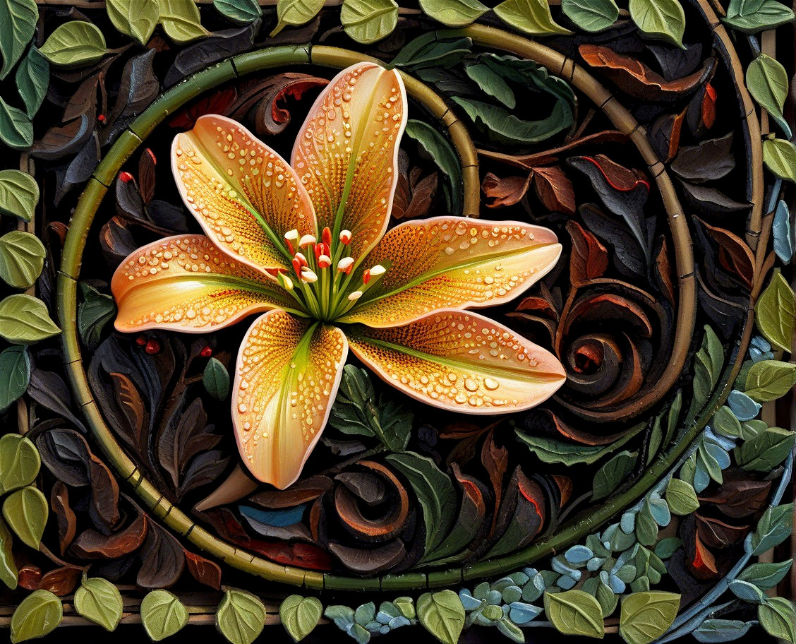 3D Floral Design with Orange Lily and Dark Leaves
