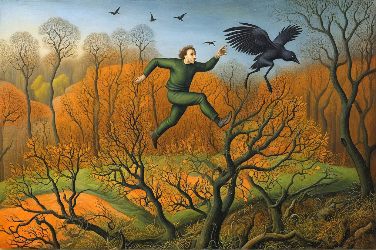 Surrealist Painting of Man Chasing Bird in Autumn Forest