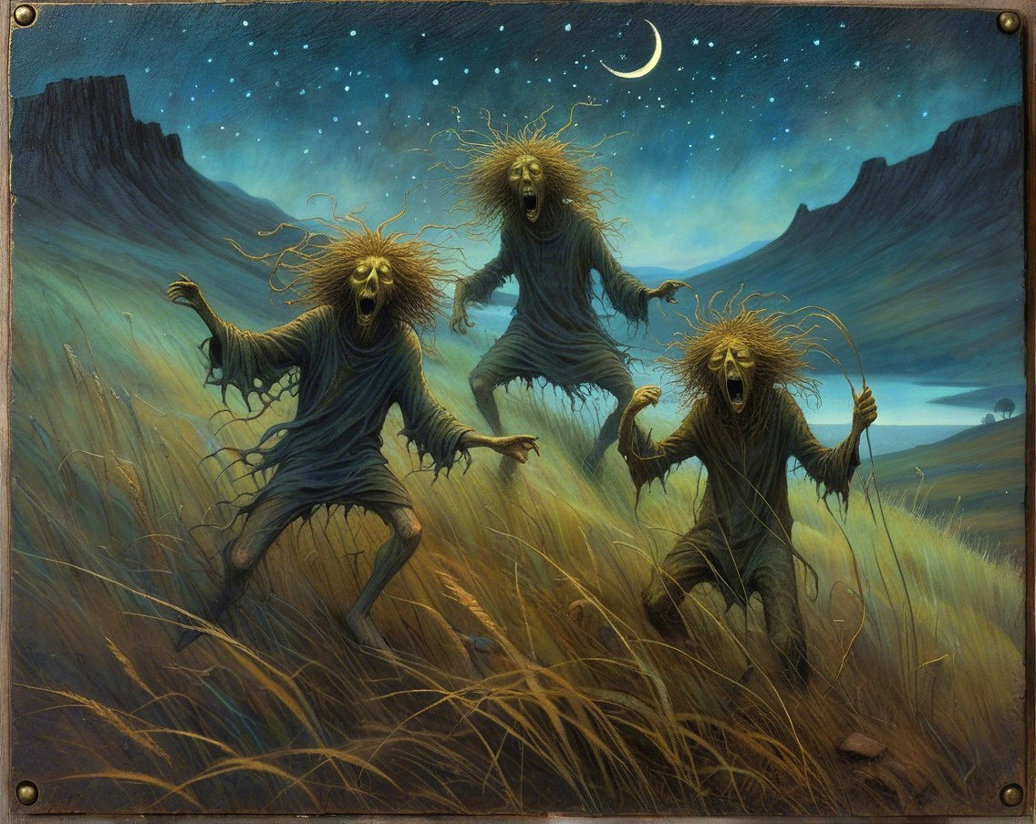 Skeletal Figures in a Haunting Moonlit Landscape