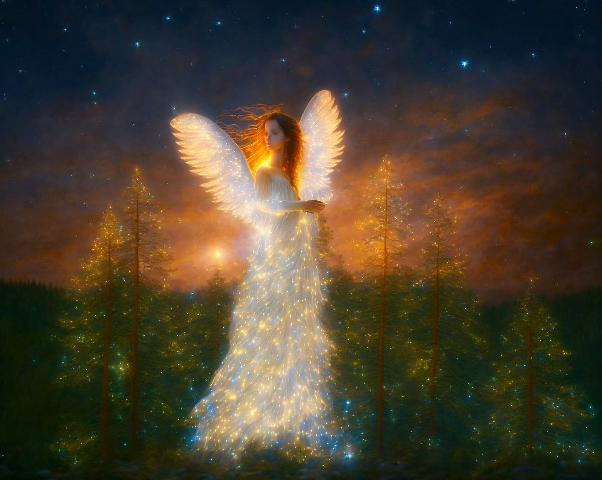 Ethereal Angel in Twilight Sky with Shimmering Dress