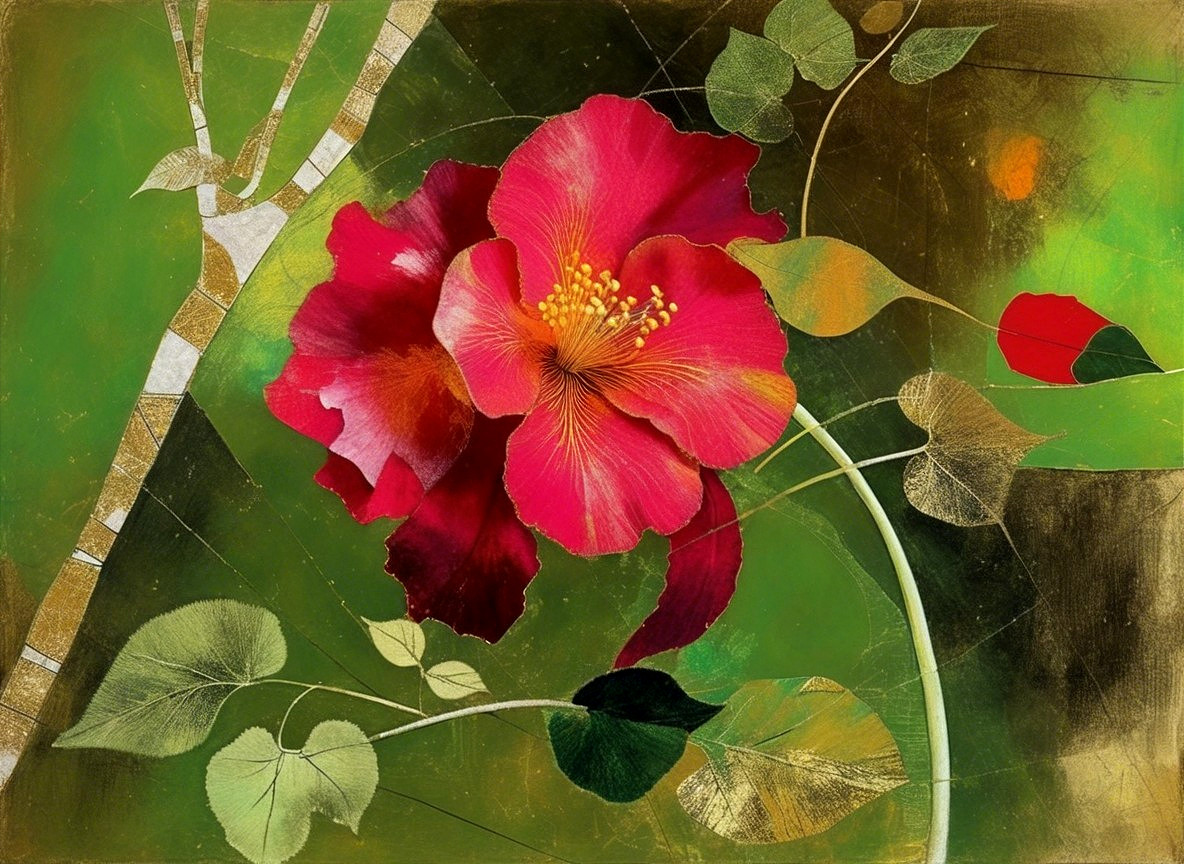 Vibrant Illustration of Red Flower with Green Leaves