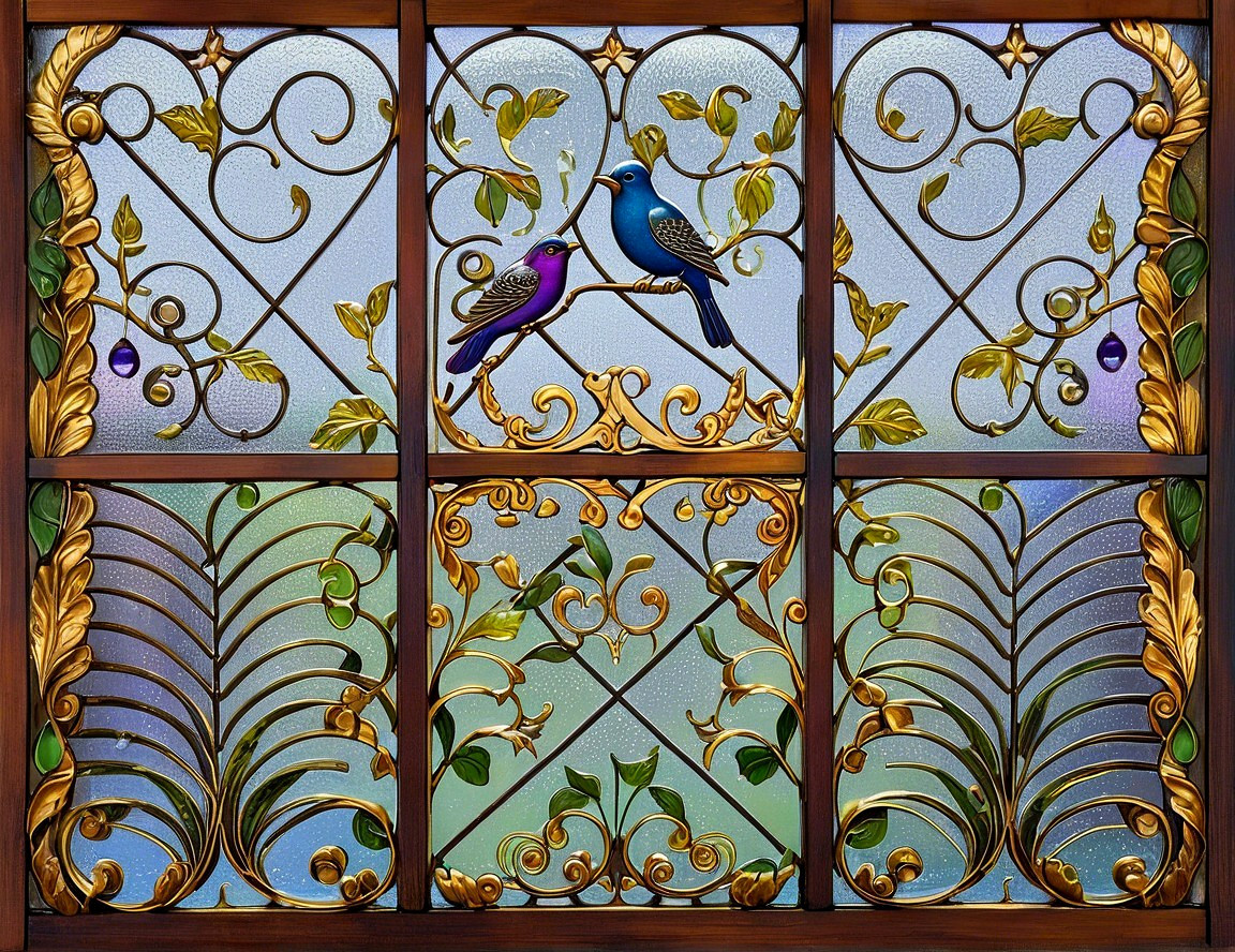 Stained Glass Window with Colorful Birds and Foliage