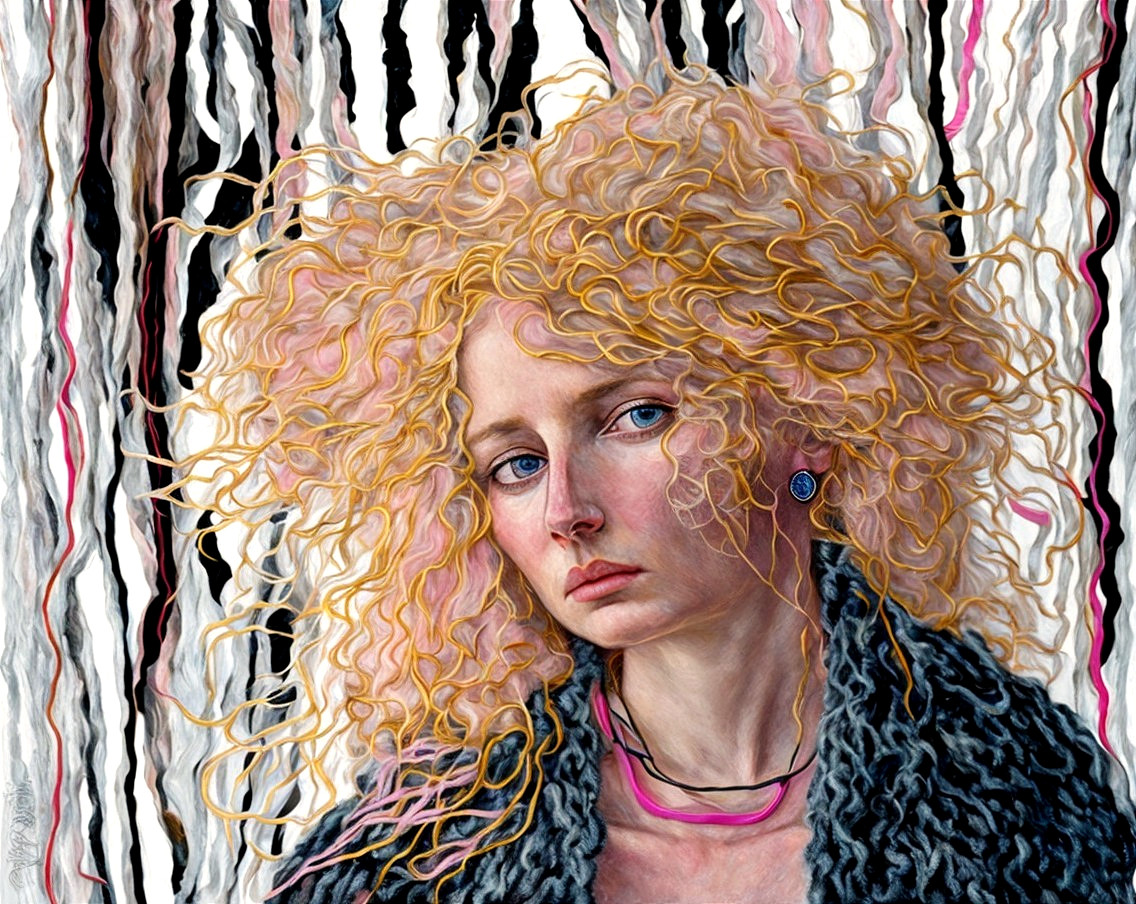 Young woman with curly pink-blonde hair and blue eyes
