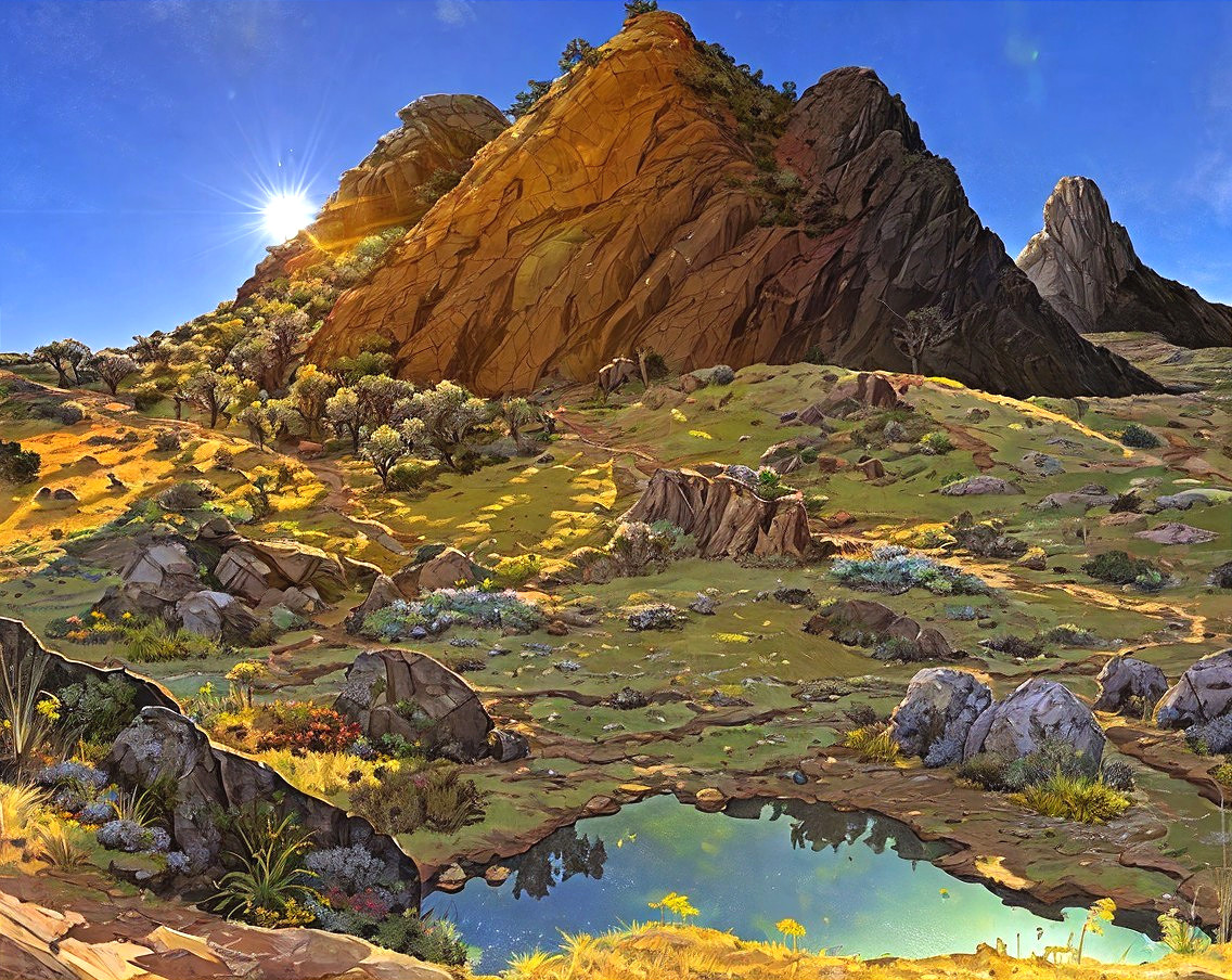 Sunlit Mountain Landscape with Meadow and Pond