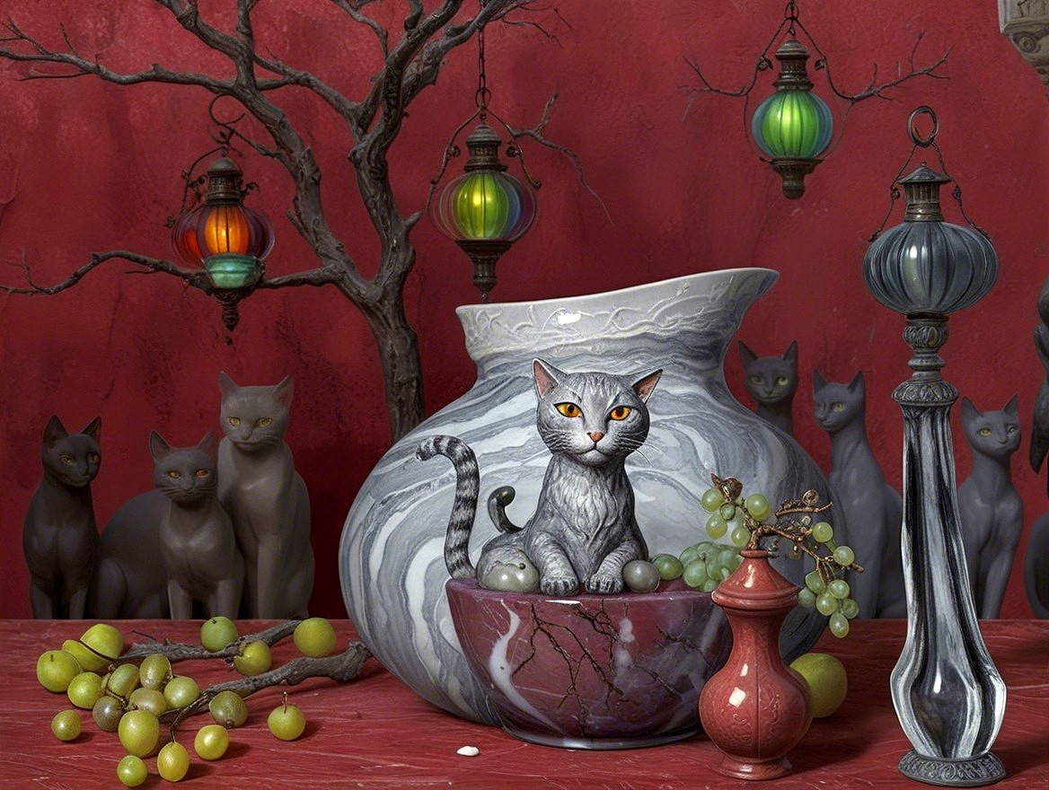 Whimsical Still Life of Cat in Marbled Vase with Lanterns