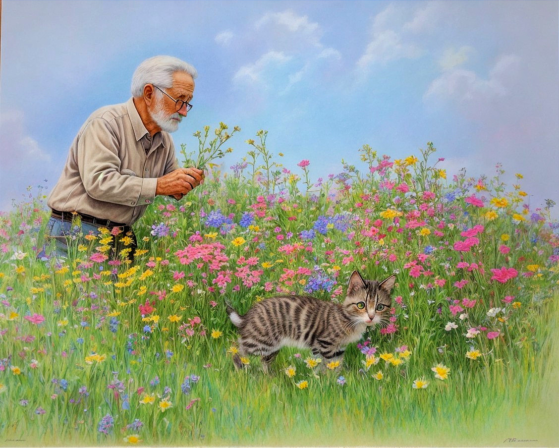Elderly man with glasses and grey moustache admires flowers with playful tabby kitten in