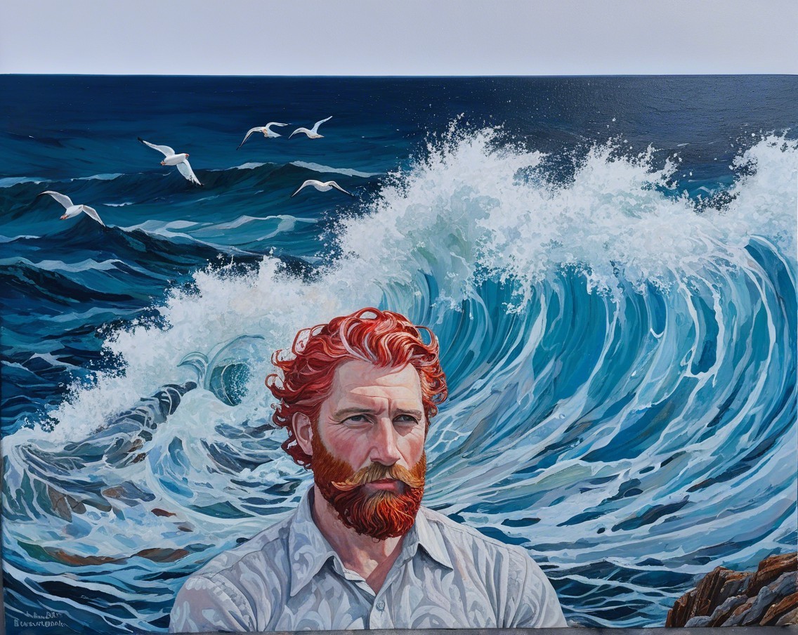 Man with Red Beard Amidst Crashing Waves and Seagulls