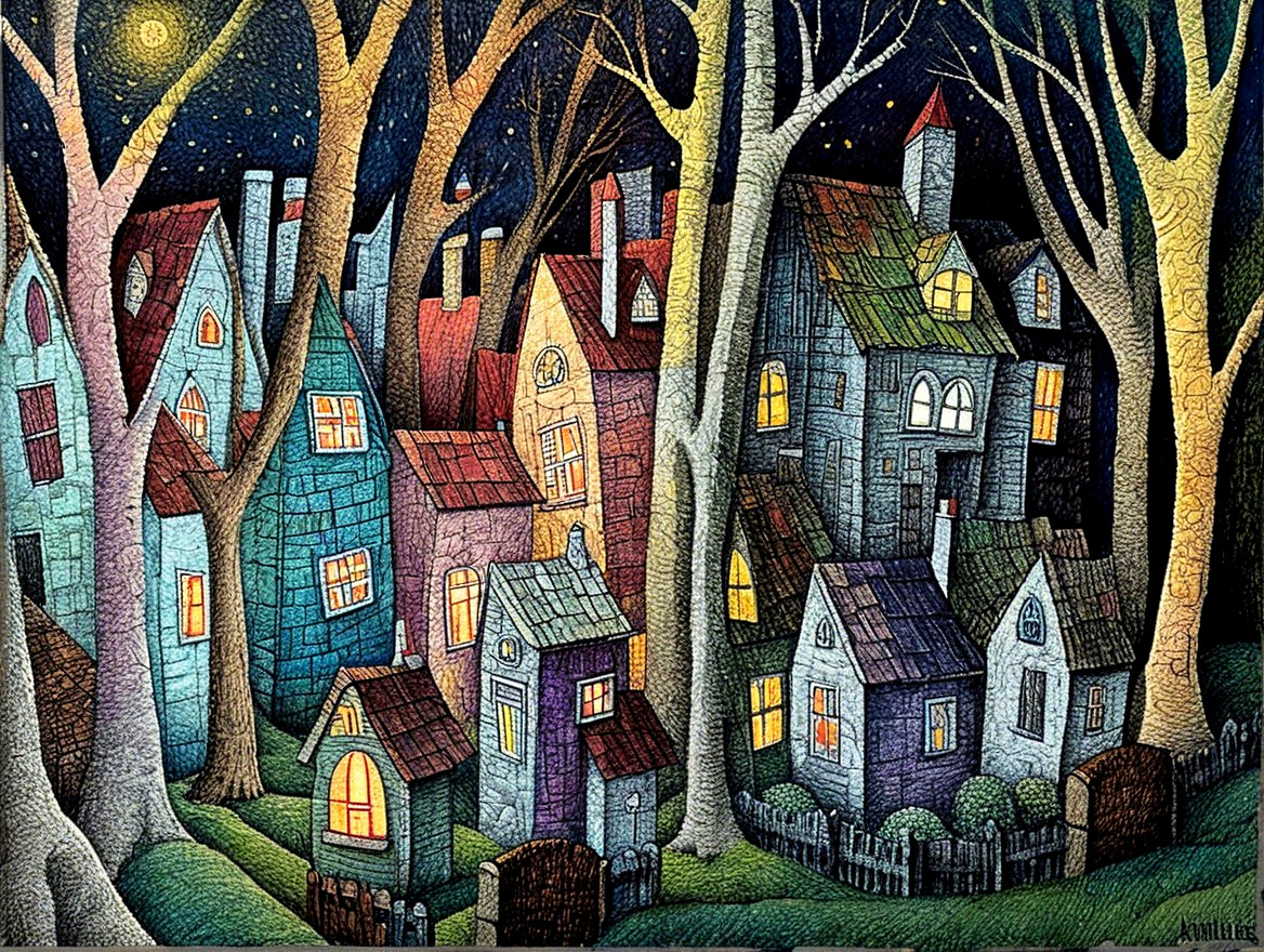 Whimsical Night Scene with Colorful Houses and Stars