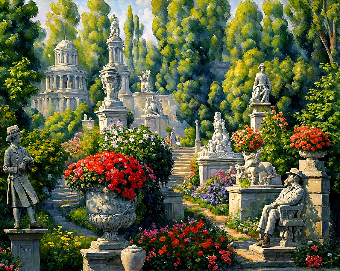 Detailed painting: lush garden, blooming flowers, statues, classical architecture. Two sculpted figures enhance