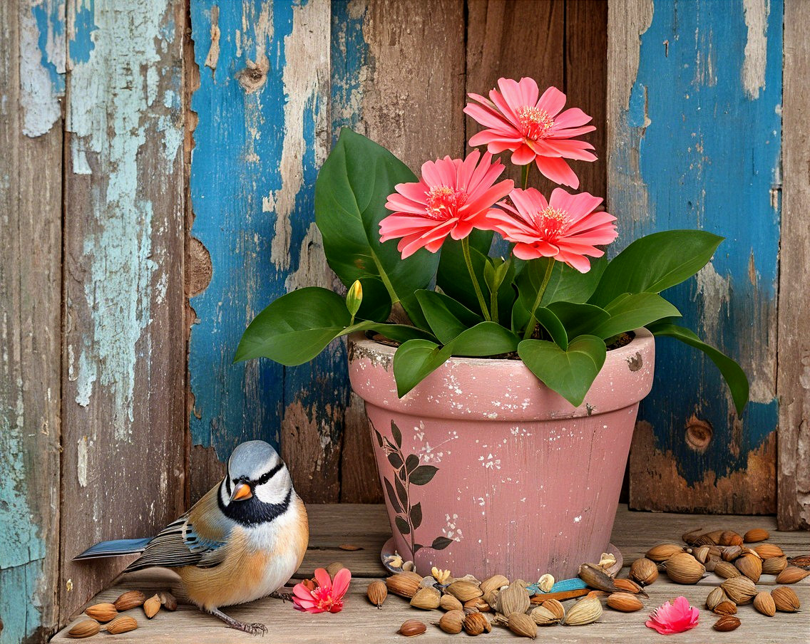 Colorful Bird and Pink Flower Pot in Rustic Setting
