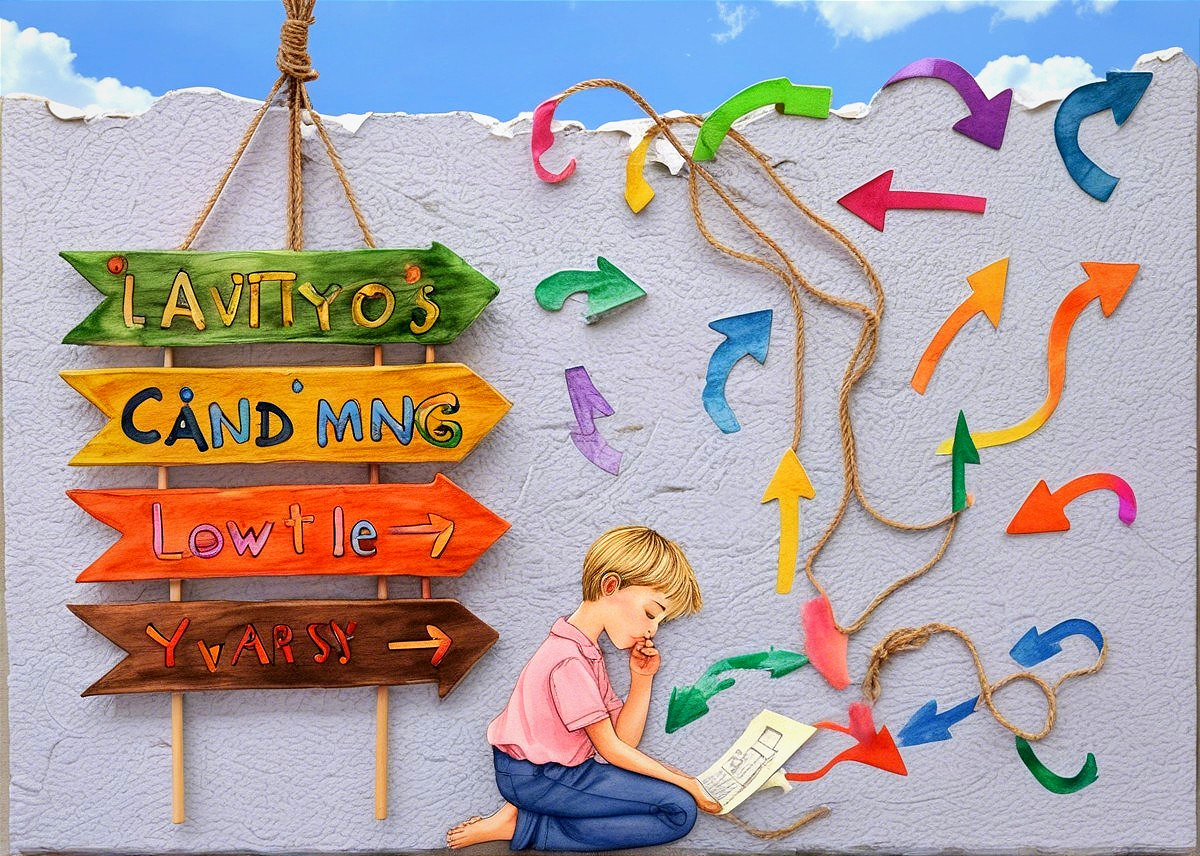 Young Boy Reading Surrounded by Playful Signs
