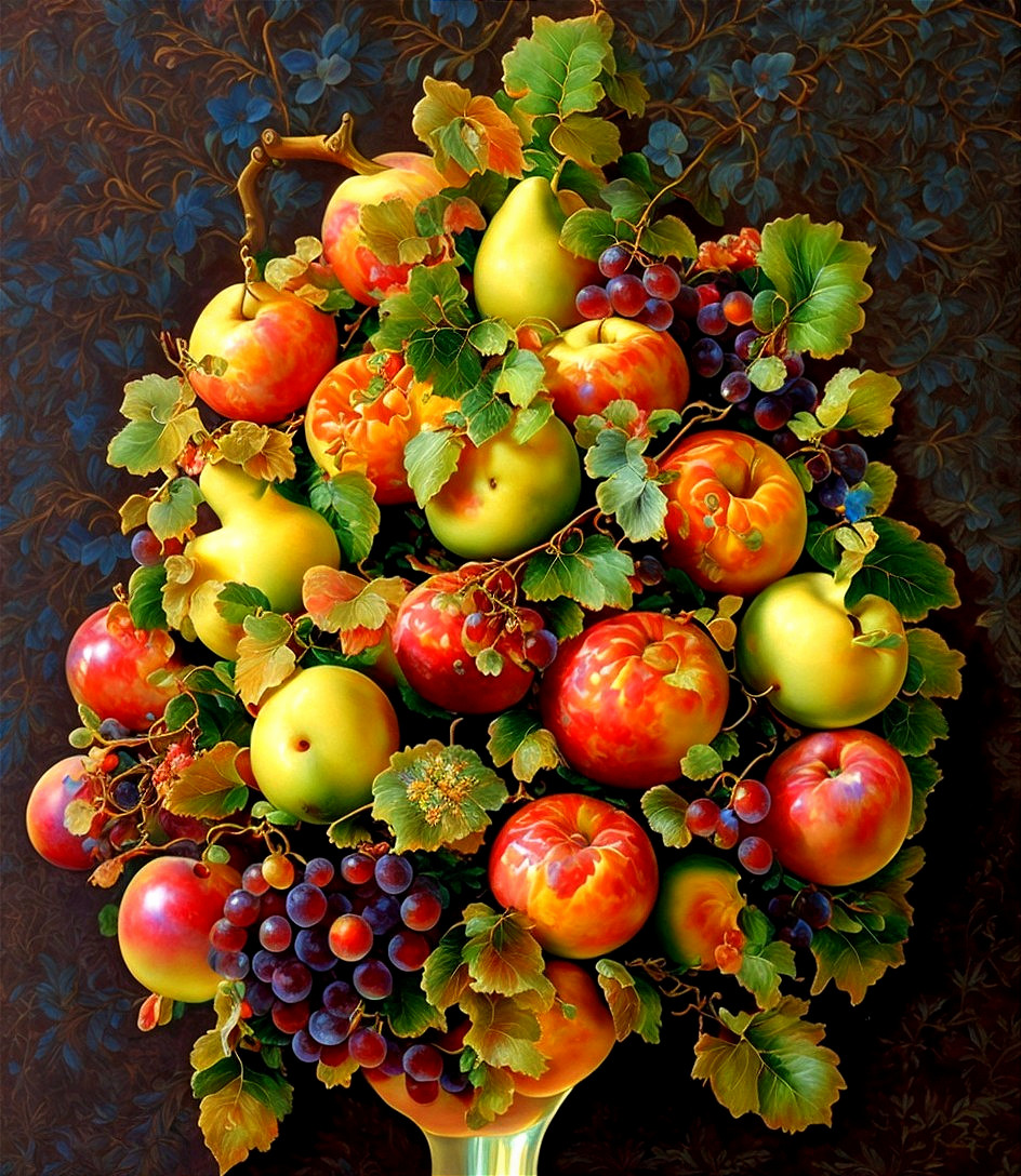Vibrant Fruit Arrangement with Lush Green Leaves