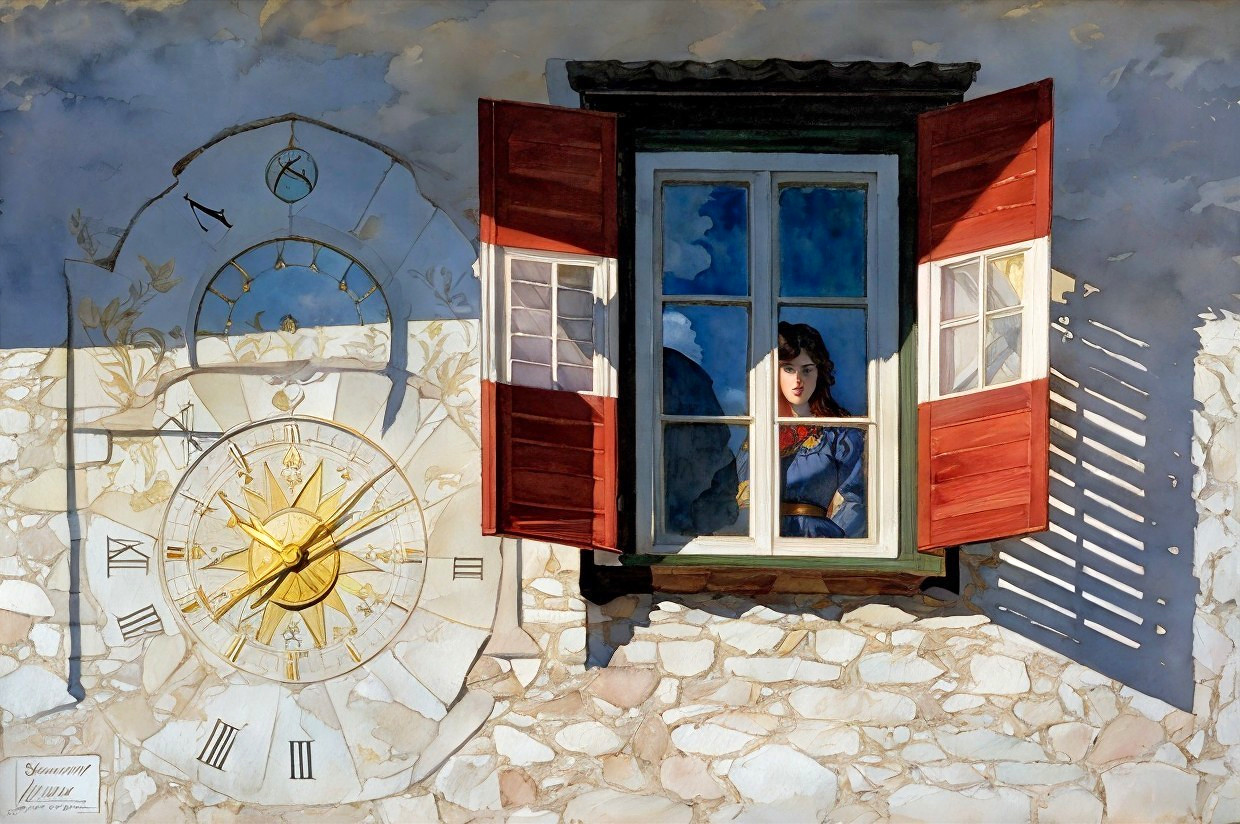 Surreal painting of woman at window with red shutters and sundial on cloudy backdrop