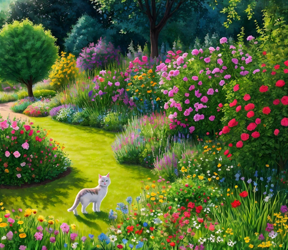 Vibrant garden with blooming flowers and a playful cat