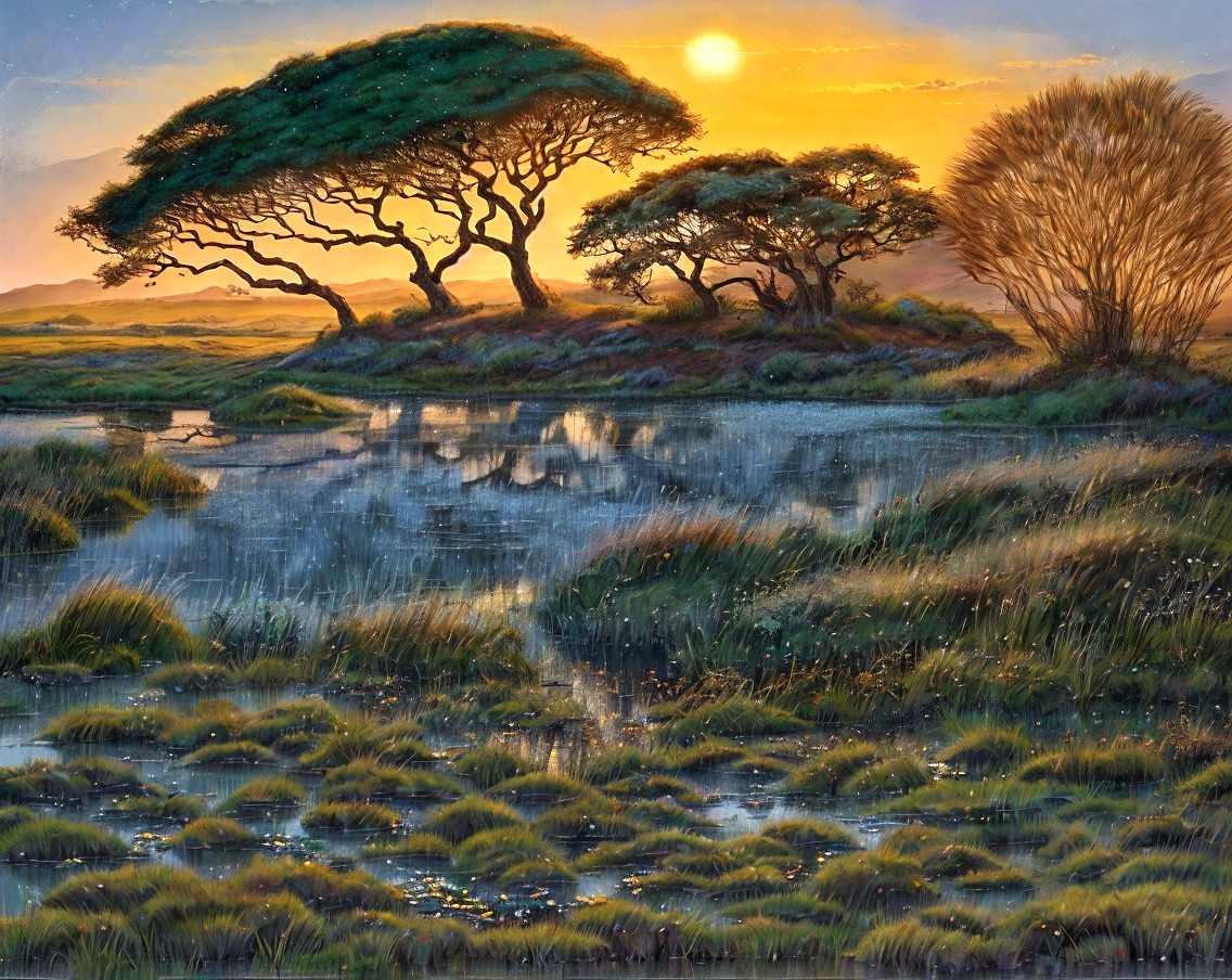 Serene Sunset Landscape with Tranquil Pond and Trees